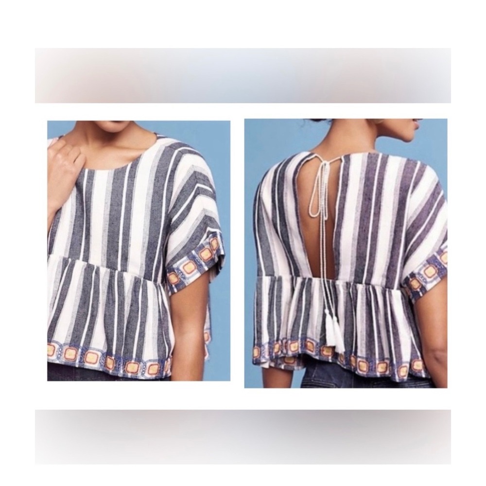 Maeve Anthropologie Striped Linen Peplum Top Navy White‎ Open Back Tassel XS